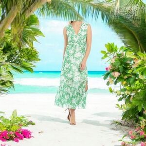 Sachin & Babi Blair V Neck Green Floral Print Flounce Slit Midi Dress Sz 12 EUC